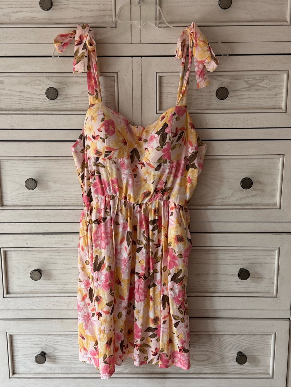 Floral Tie-Shoulder Sundress in Pink & Yellow